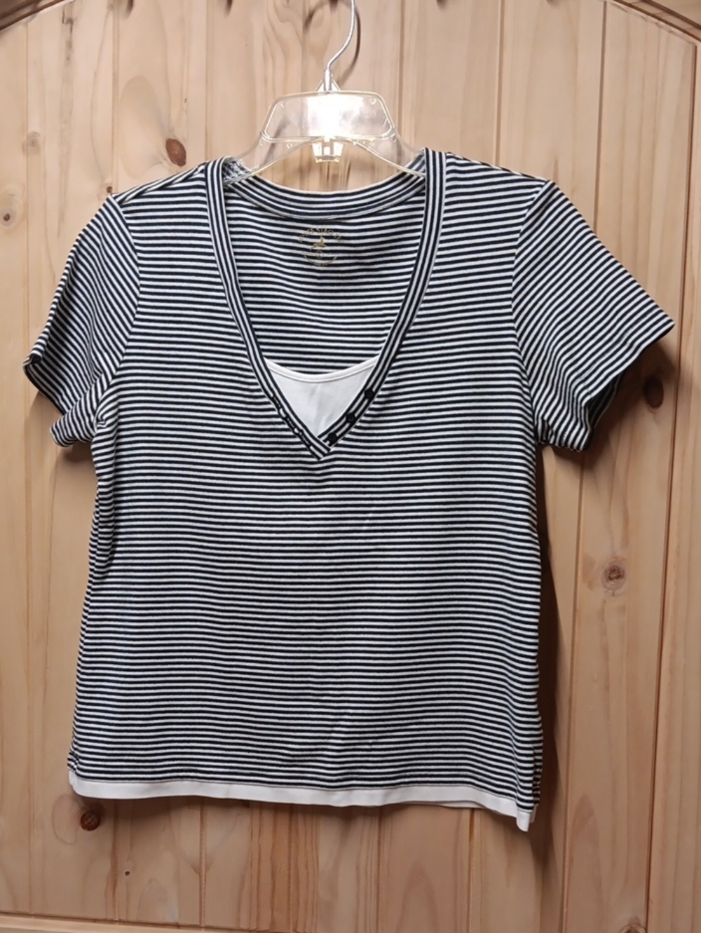 White Stag Tee Black & White Striped V-Neck EUC